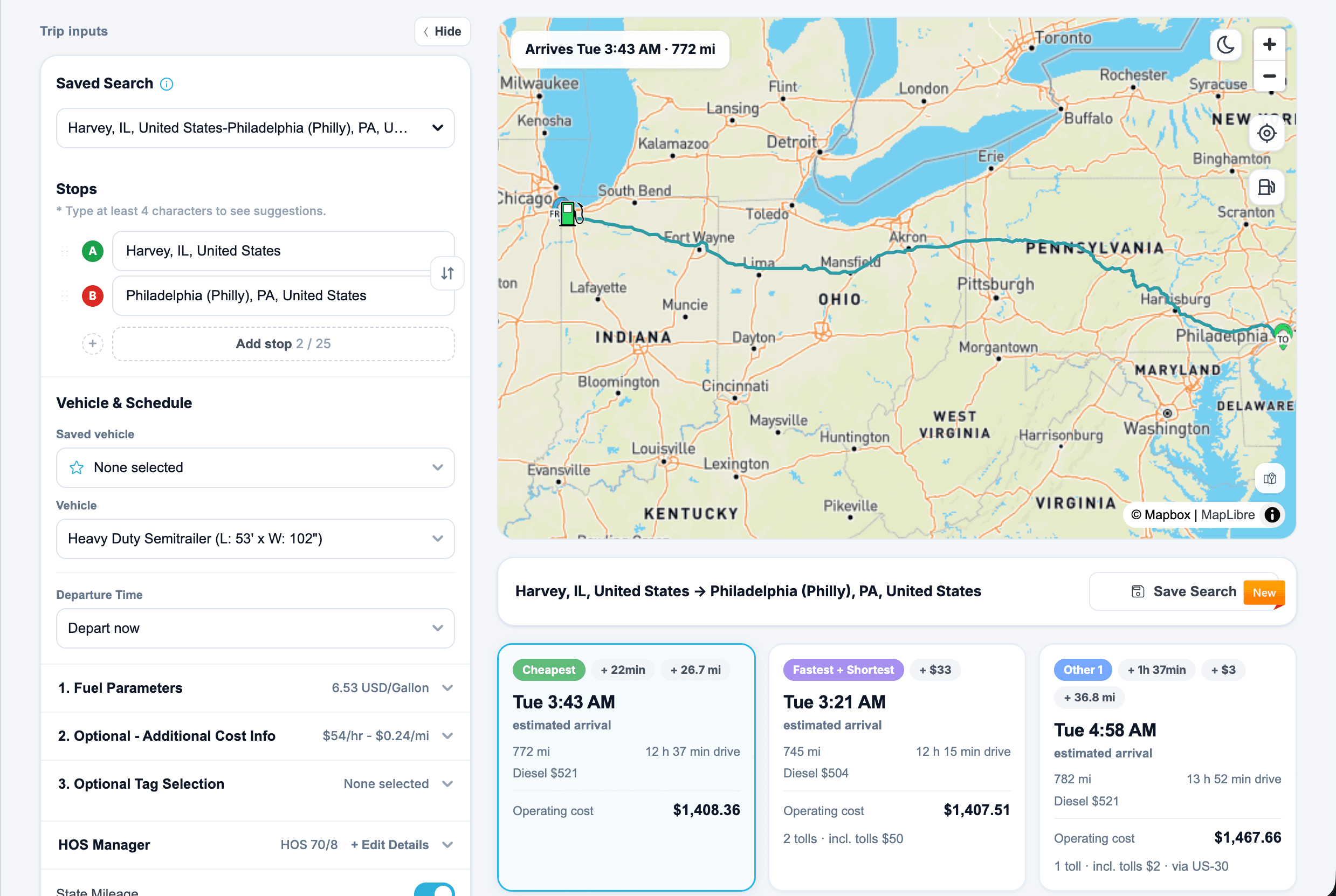 The planning view route comparison: several routes on the map with drive time, tolls, fuel cost, prescribed stops and total per route.
