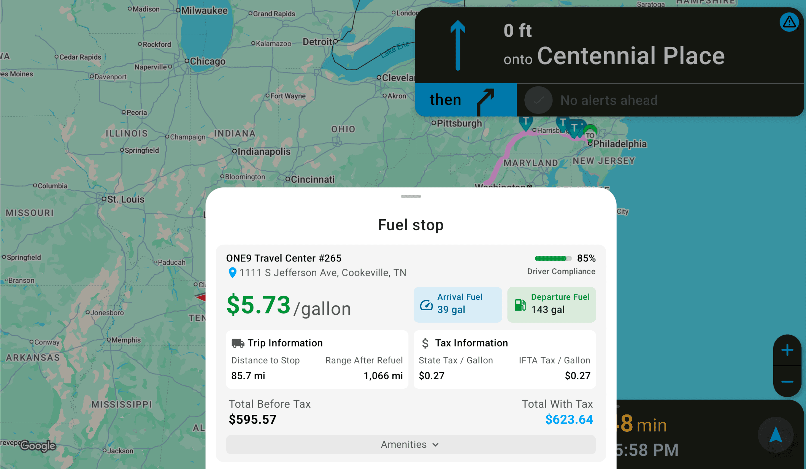 The prescribed stop card as the driver sees it on a Platform Science tablet: station, gallons, arrival, inside the route.