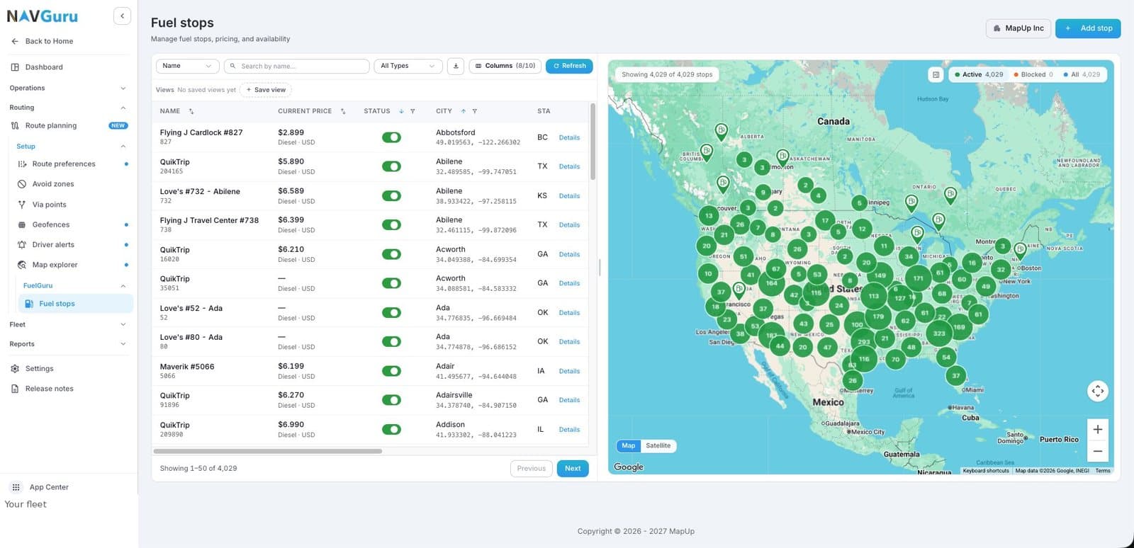 Your network in the dashboard: every stop priced on the day at your card rate, active or blocked. FuelGuru prescribes among these, your yards, and the stops your drivers already use.