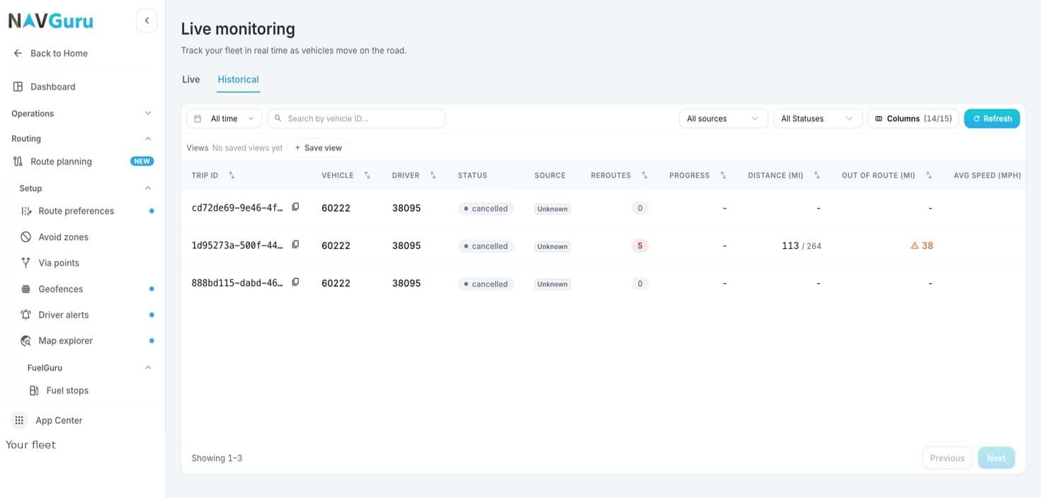 Where it lives in the dashboard: Routing, then Setup: route preferences, avoid zones, via points, geofences, driver alerts and Map explorer. FuelGuru fuel stops sit below it.