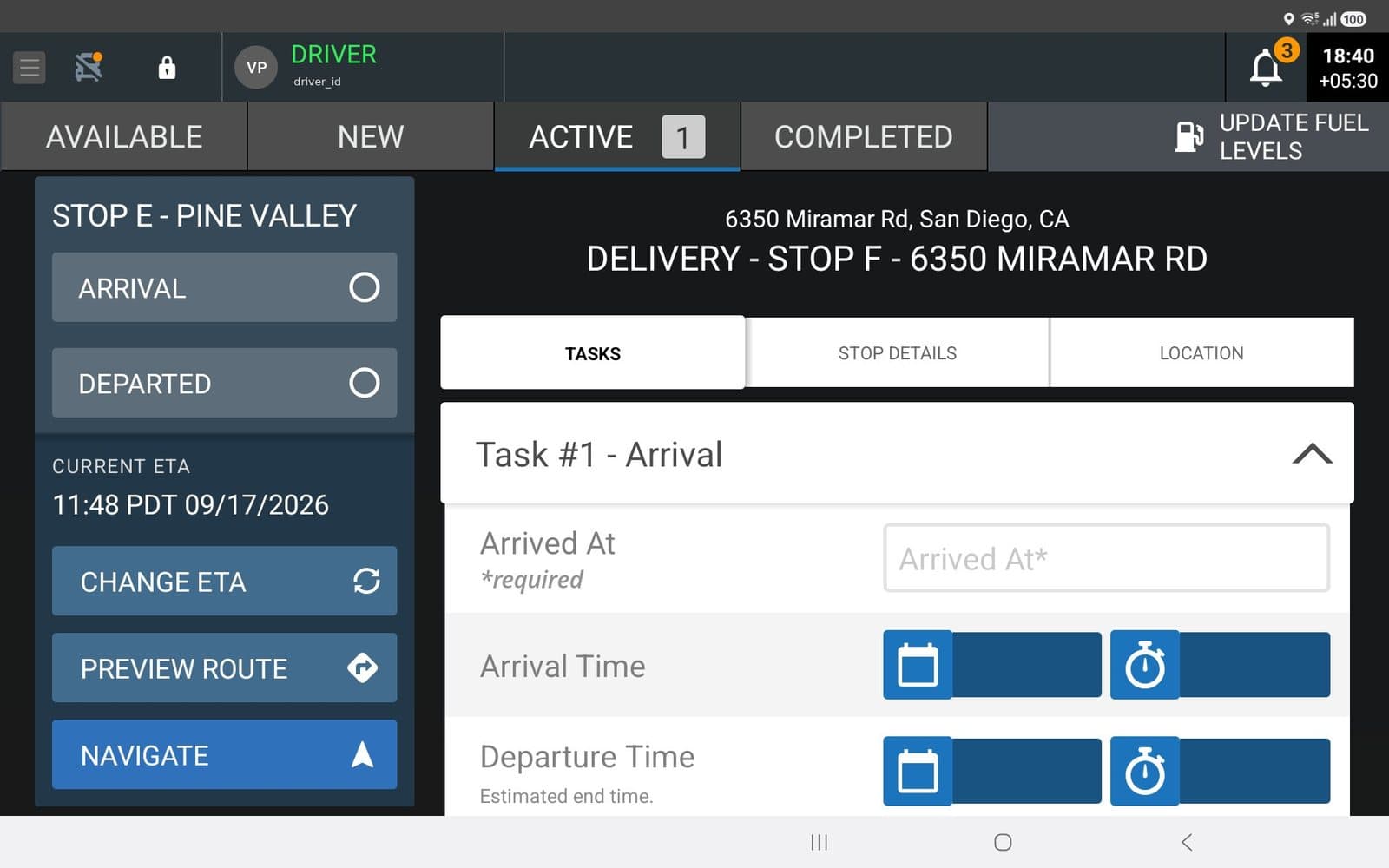 Platform Science Workflow: the stop with Navigate live. Tap it and NavGuru opens with the dispatched route.