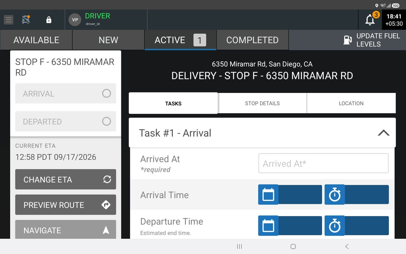 A later stop on the same job: Navigate is grayed out until the earlier stop is marked departed. NavGuru follows Workflow's stop state; it does not decide on proximity.