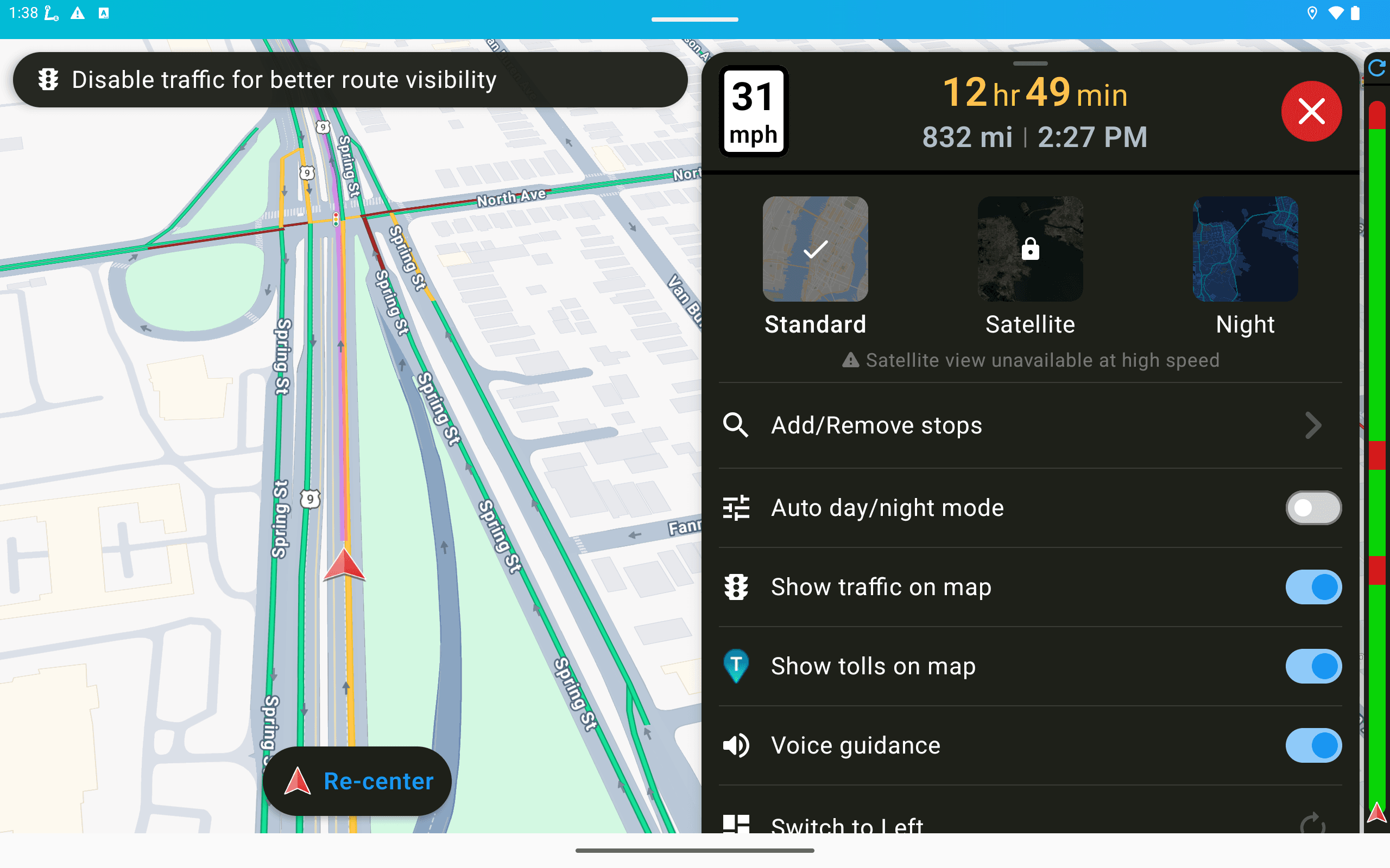 Relaunched directly on the tablet in a standing jam: Make a slight left, 1.6 mi, 9 places ahead, 0 mph, 1 h 46 m and 87 mi to go. Keep the app open and let it reroute when a truck-legal alternative exists.