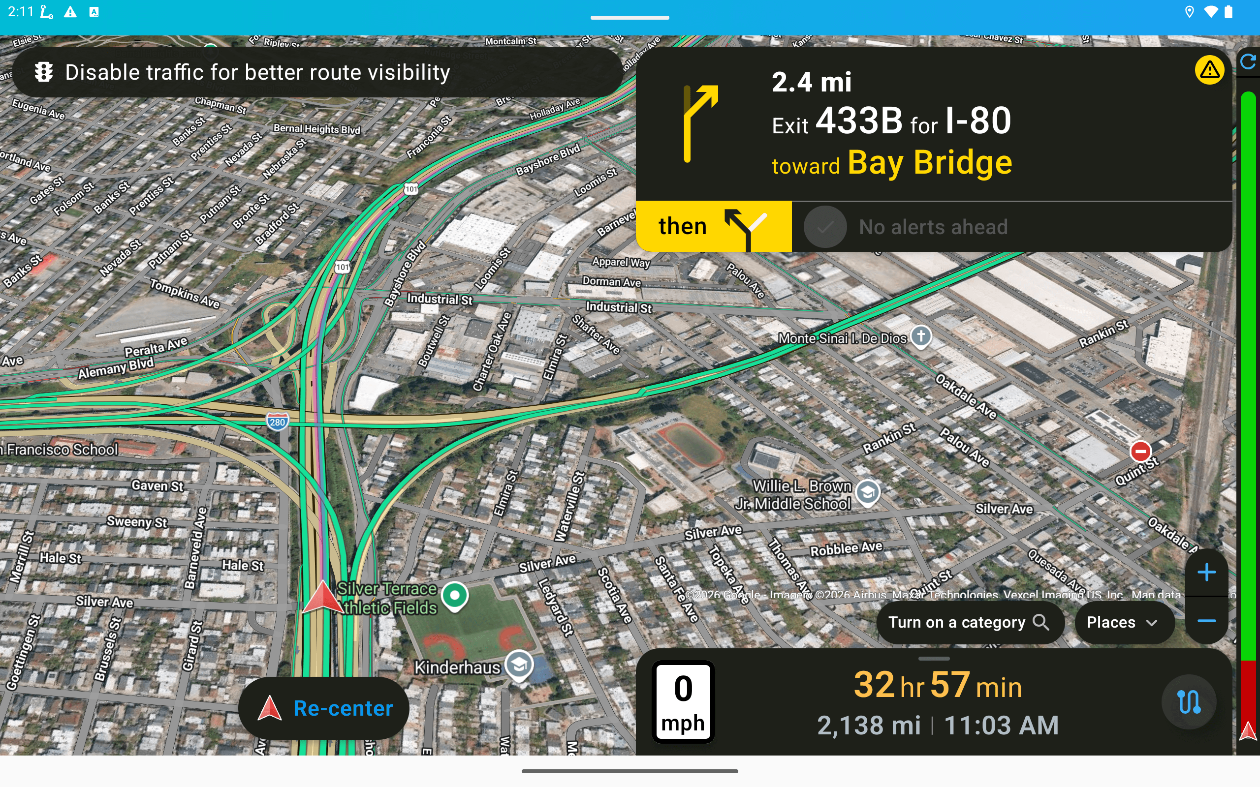 Traffic view switched on: live conditions on your route and the roads around it in green, yellow and red, so you see what is happening nearby, not only straight ahead.