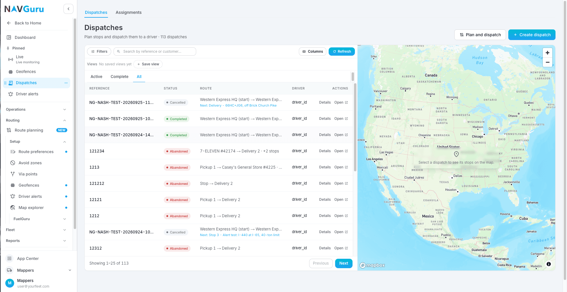 Dispatches: a job that arrived from the TMS through Platform Science Workflow, In Progress, two trips, with Details for its stops. Plan and dispatch and Create dispatch are the dashboard paths.