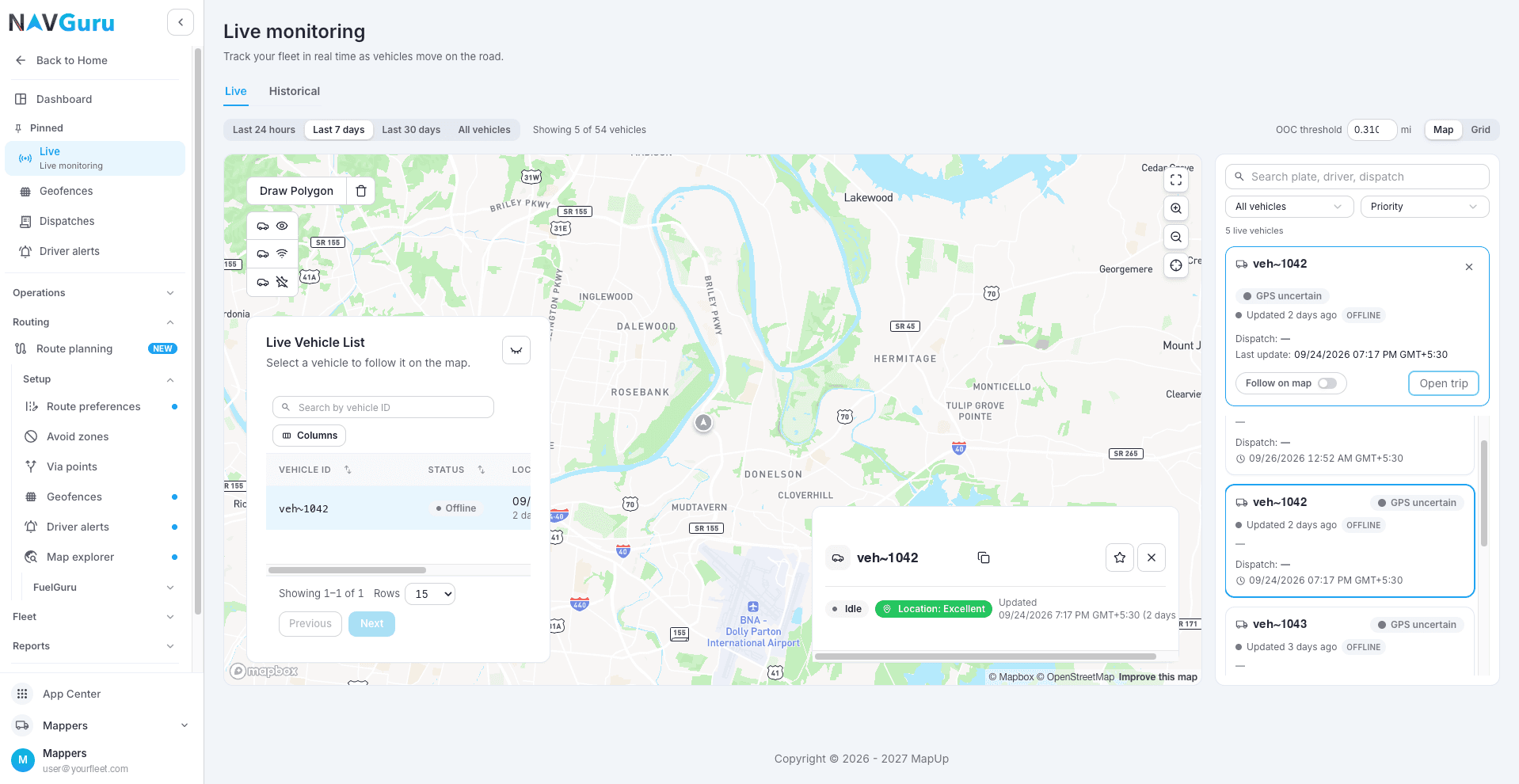 Live monitoring, Live tab: one vehicle on route, updated just now, linked to its dispatch. Vehicles appear here once the driver starts NavGuru and moves.