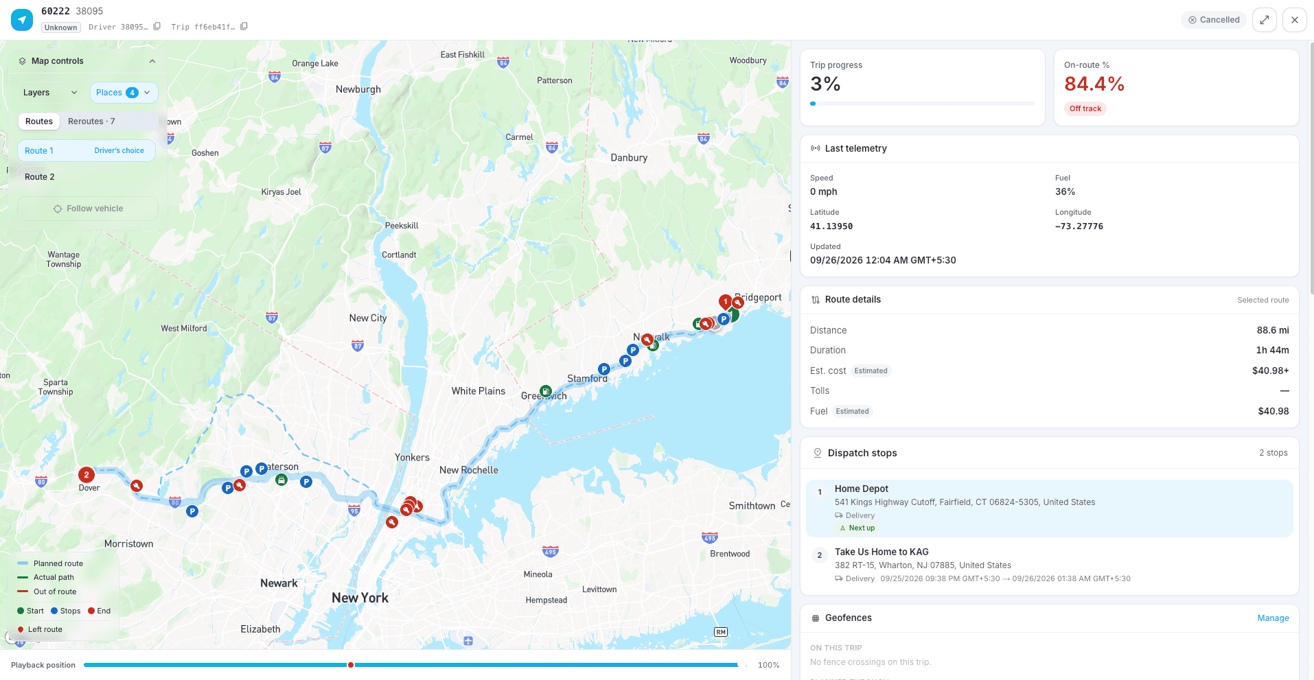 Map controls, Places: fuel and truck stops, parking and rest, weigh and inspection, CAT scales, repair, truck wash and restrictions along the route, each switchable.