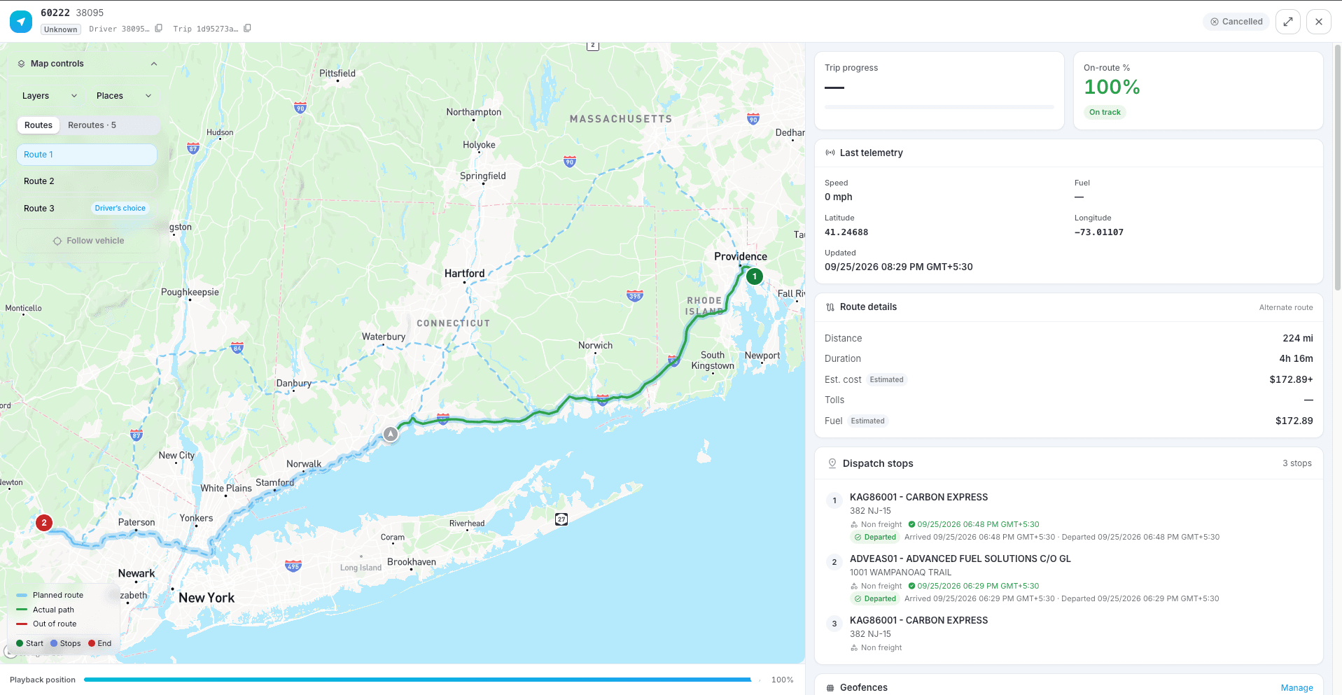 The same drive replayed against Route 1 (the practical route): actual path sits on the plan the whole way, on-route 100 percent, On track.