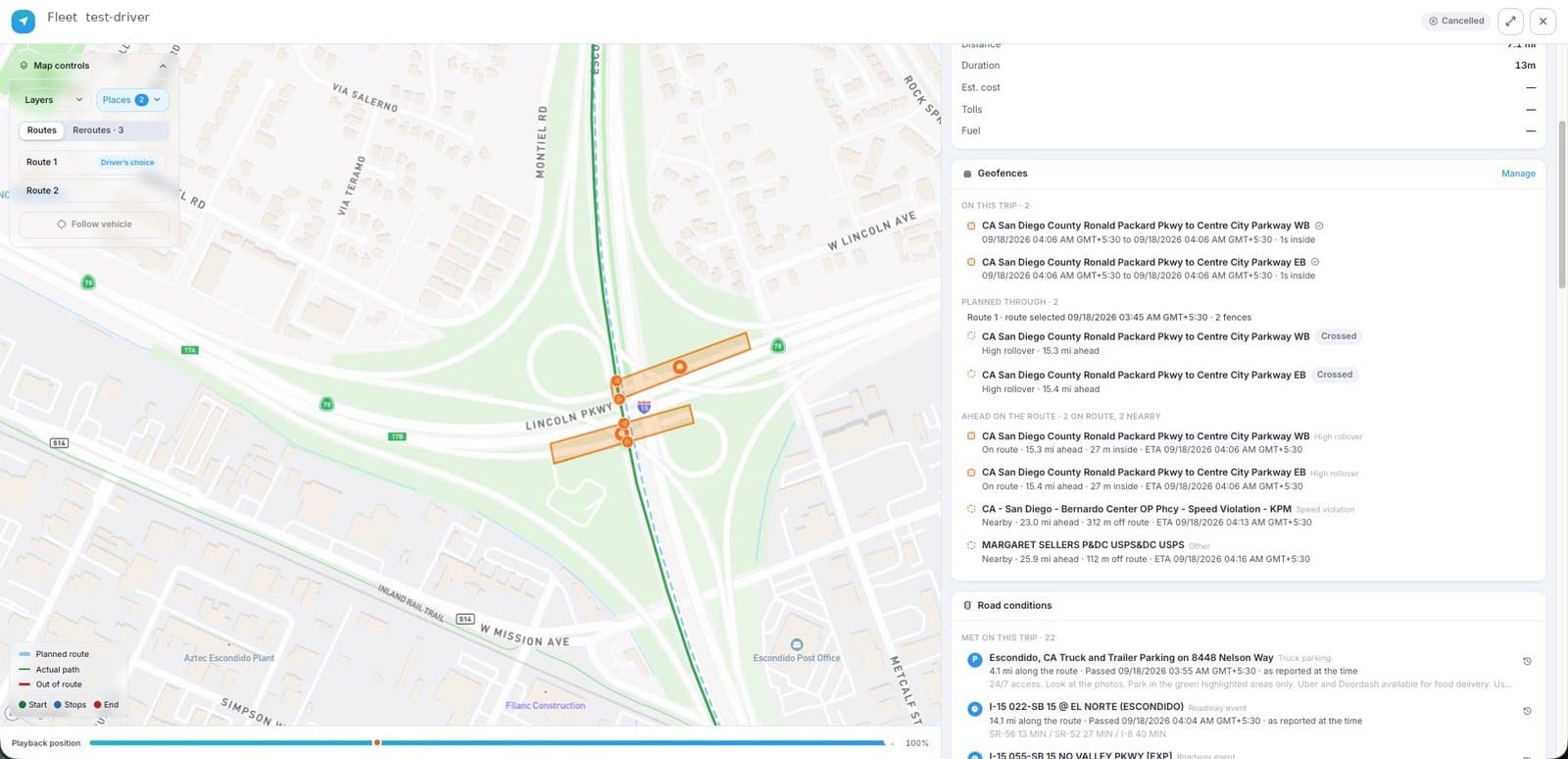 Zones on a session: crossed, planned through, ahead on route and nearby, with high rollover and speed zone types and the road conditions met on the trip. The same events reach dispatch by email or connected systems when an alert rule is configured under Routing, Setup, Driver alerts.